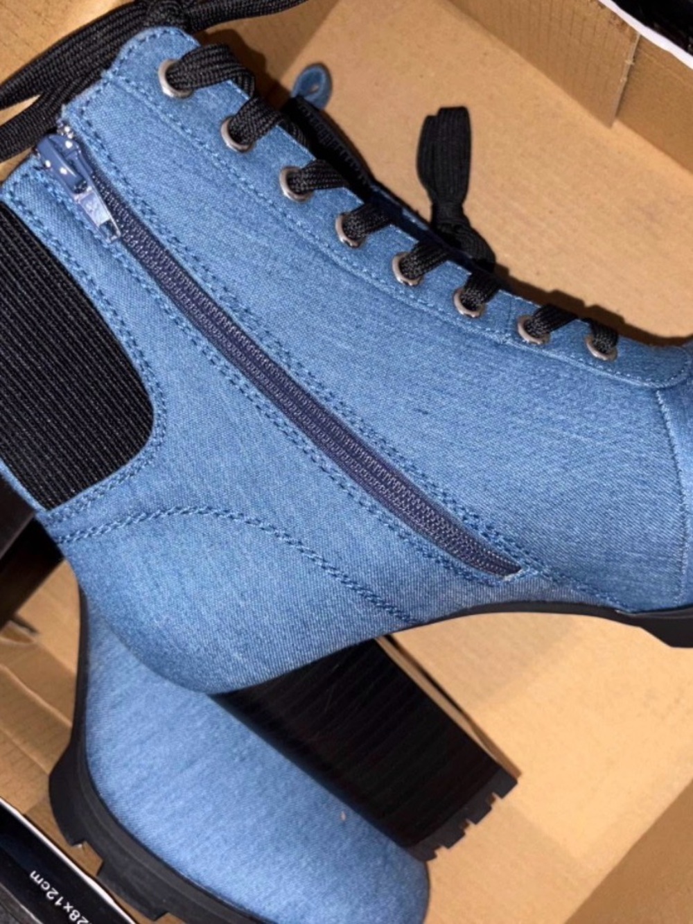 Rouge Helium Light Blue Denim Lace-Up Block Heel Ankle Boots